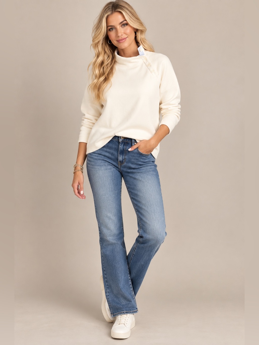 J. Crew Cream Button-Shoulder Cowl Sweater Size Medium-NWT